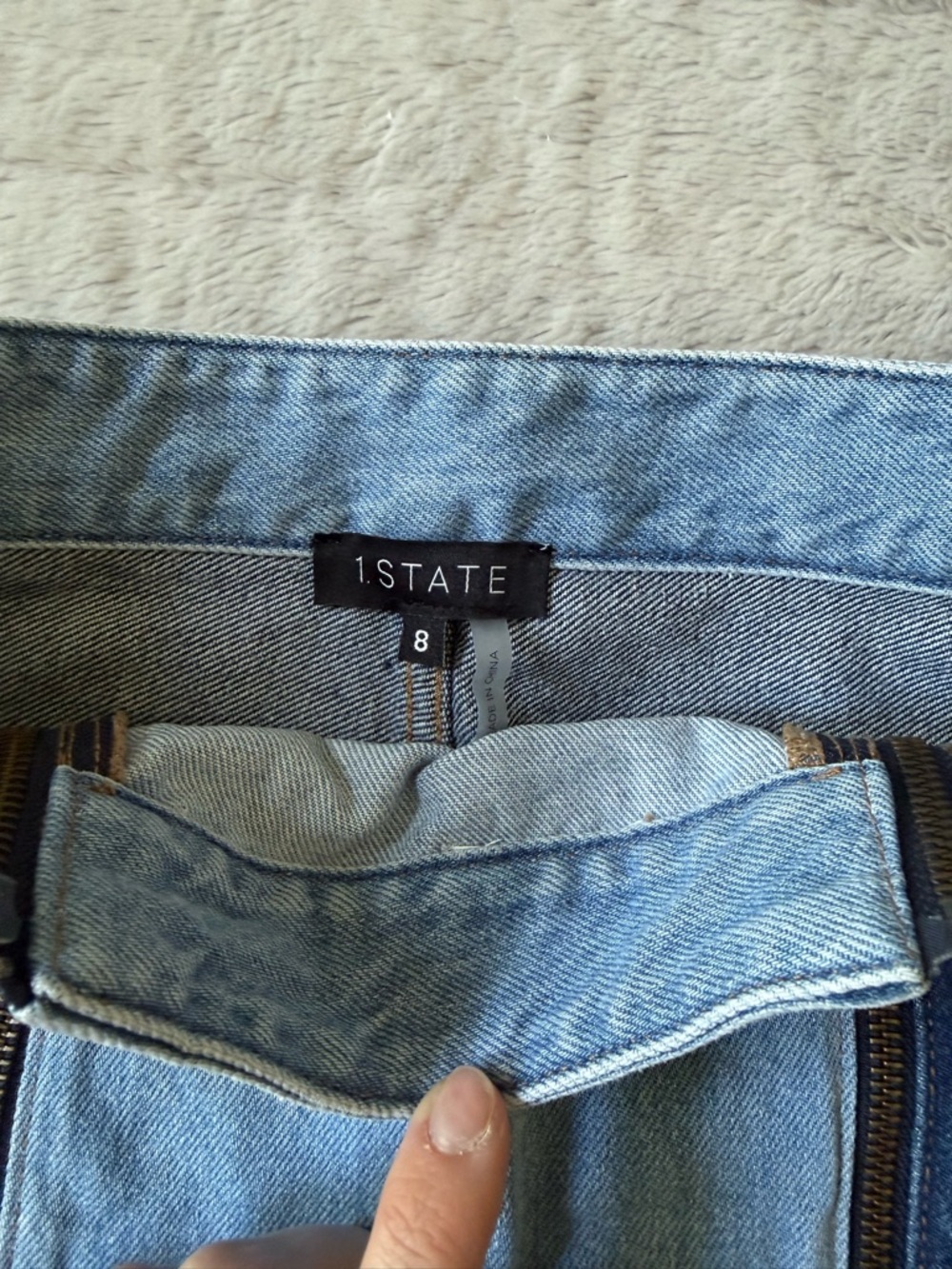 1. State Two-Tone Blue Denim Mini Skirt with Front Zips - Picture 2 of 3